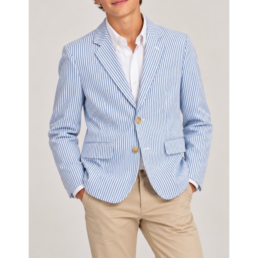 Crewcuts Ludlow Boys Seersucker Blazer Blue White Stripe Cotton Jacket Size 14
